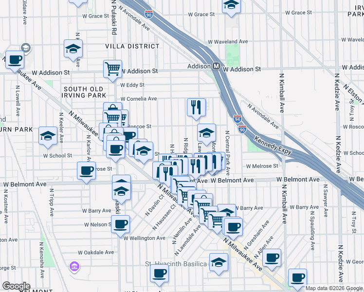 map of restaurants, bars, coffee shops, grocery stores, and more near 3316 North Ridgeway Avenue in Chicago