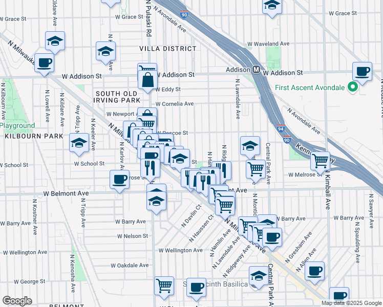 map of restaurants, bars, coffee shops, grocery stores, and more near 3315 North Springfield Avenue in Chicago