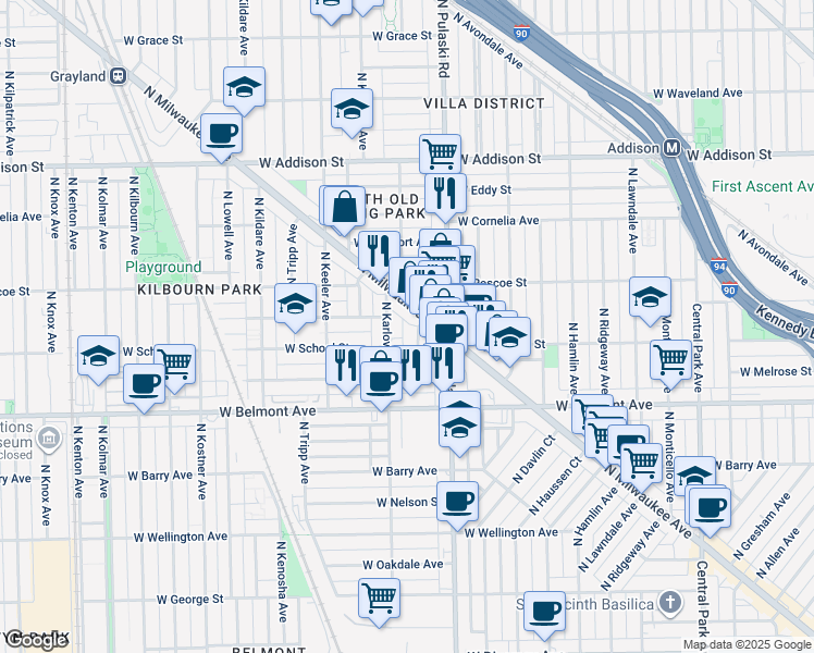 map of restaurants, bars, coffee shops, grocery stores, and more near 3318 North Keystone Avenue in Chicago