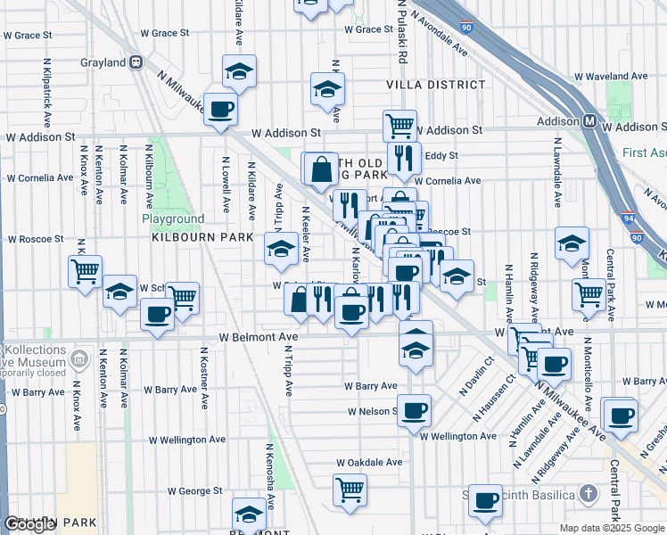 map of restaurants, bars, coffee shops, grocery stores, and more near 4121 West Henderson Street in Chicago