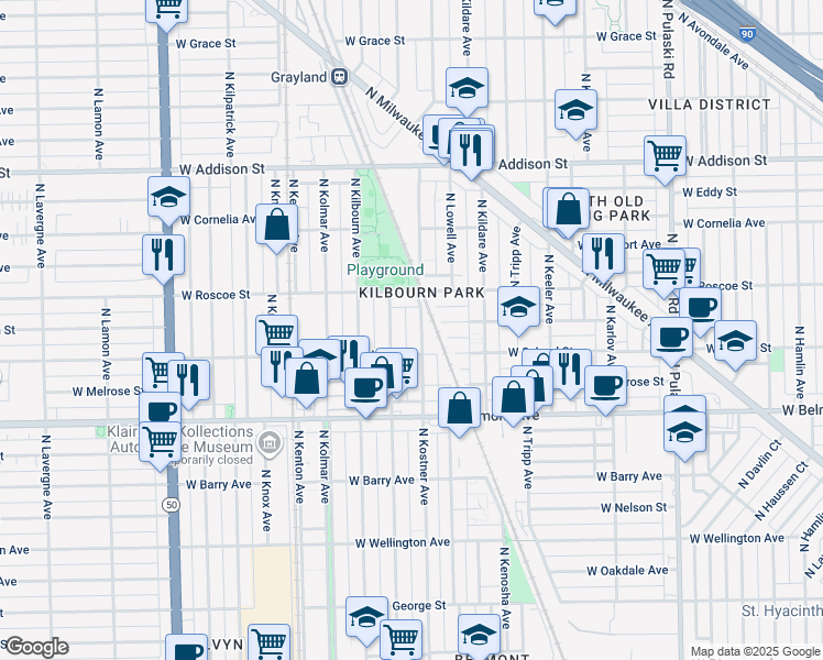map of restaurants, bars, coffee shops, grocery stores, and more near 3325 North Kenneth Avenue in Chicago
