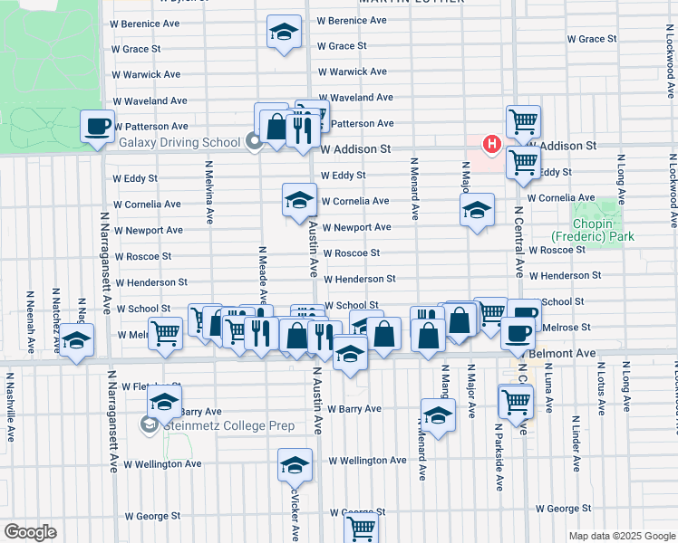 map of restaurants, bars, coffee shops, grocery stores, and more near 5938 West Henderson Street in Chicago