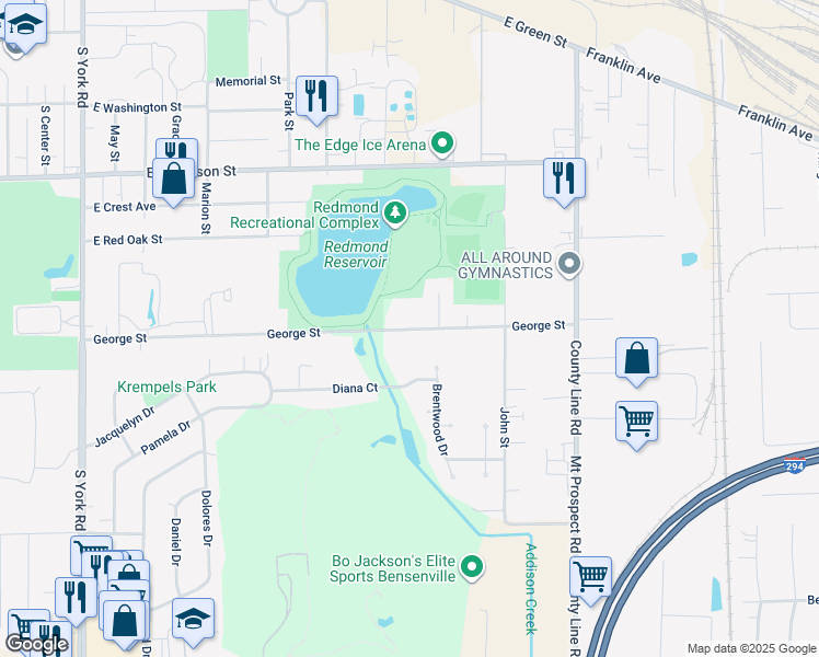 map of restaurants, bars, coffee shops, grocery stores, and more near 643 George Street in Bensenville