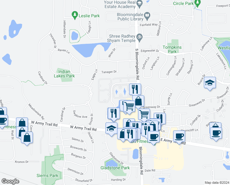 map of restaurants, bars, coffee shops, grocery stores, and more near 165 North Waters Edge Drive in Glendale Heights