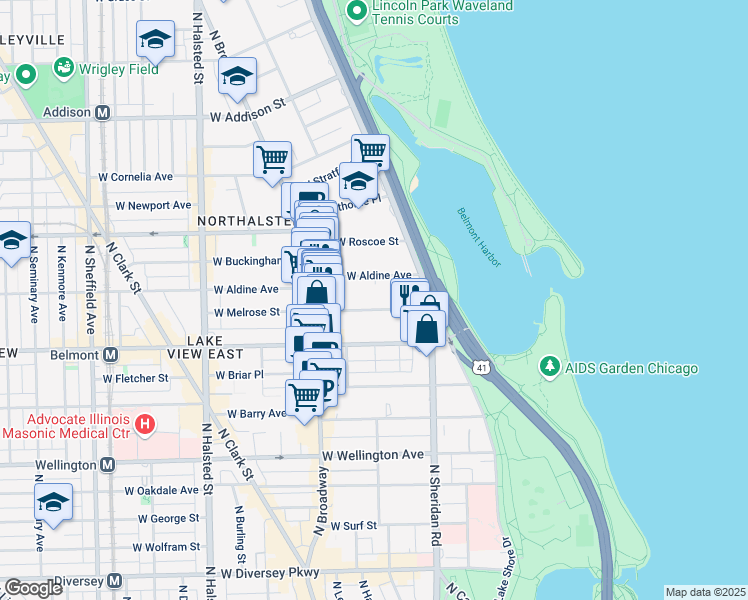 map of restaurants, bars, coffee shops, grocery stores, and more near 500 West Melrose Street in Chicago