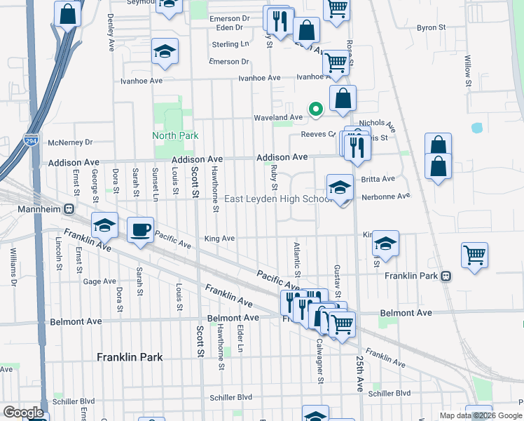map of restaurants, bars, coffee shops, grocery stores, and more near 3433 Emerson Street in Franklin Park