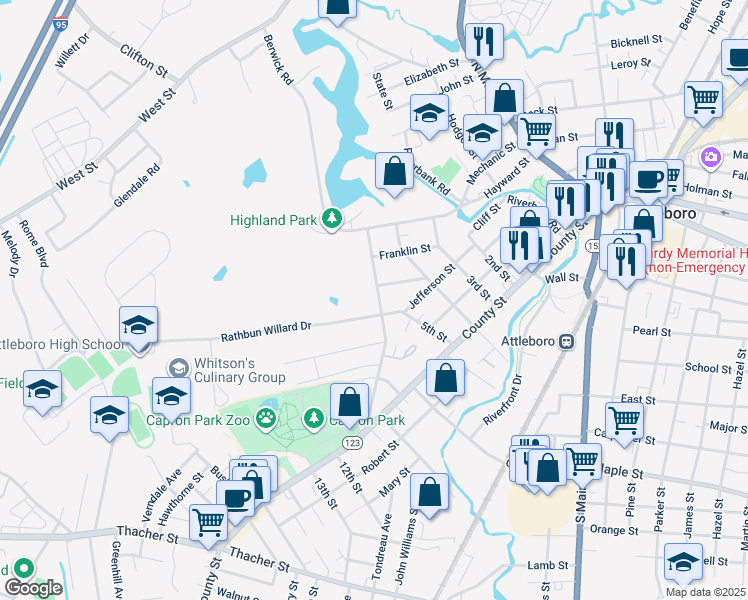 map of restaurants, bars, coffee shops, grocery stores, and more near 66 Dennis Street in Attleboro