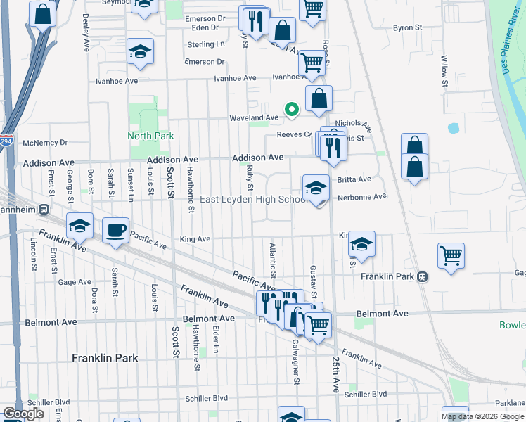 map of restaurants, bars, coffee shops, grocery stores, and more near 3432 Lonnquist Drive in Franklin Park