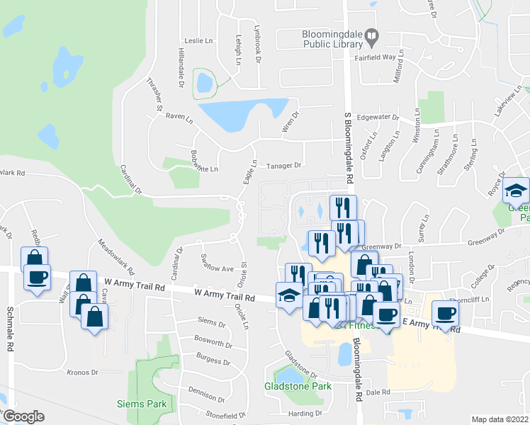 map of restaurants, bars, coffee shops, grocery stores, and more near 2282 Century Point Lane in Glendale Heights
