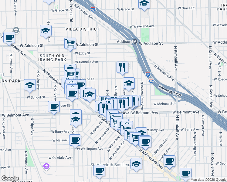 map of restaurants, bars, coffee shops, grocery stores, and more near 3316 North Ridgeway Avenue in Chicago