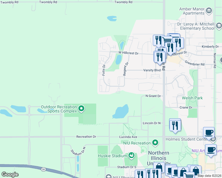 map of restaurants, bars, coffee shops, grocery stores, and more near 723 Fotis Drive in DeKalb
