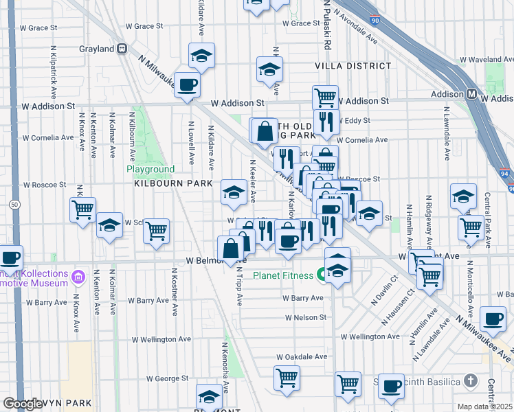 map of restaurants, bars, coffee shops, grocery stores, and more near 3317 North Keeler Avenue in Chicago