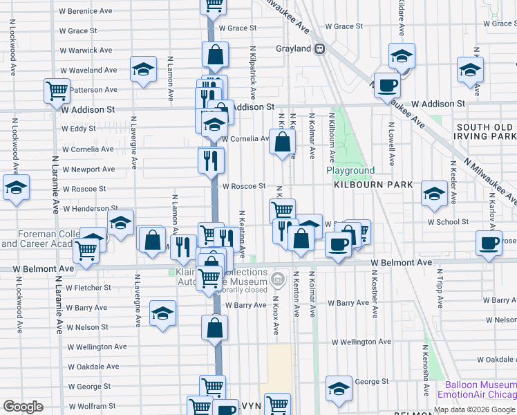 map of restaurants, bars, coffee shops, grocery stores, and more near 3326 North Kilpatrick Avenue in Chicago