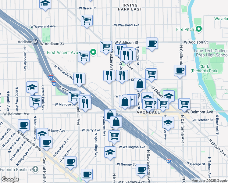map of restaurants, bars, coffee shops, grocery stores, and more near 3313 North Kedzie Avenue in Chicago