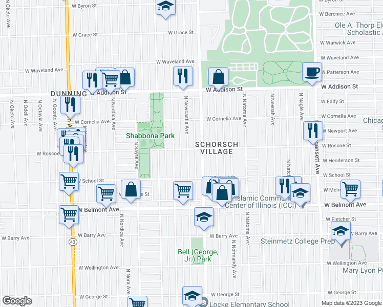 map of restaurants, bars, coffee shops, grocery stores, and more near 3355 North Newcastle Avenue in Chicago