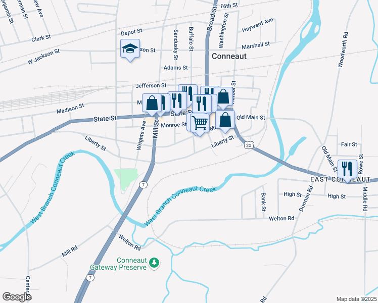 map of restaurants, bars, coffee shops, grocery stores, and more near 320 Liberty St in Conneaut