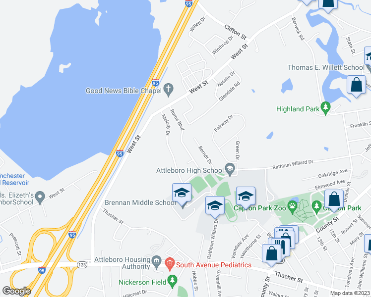 map of restaurants, bars, coffee shops, grocery stores, and more near 68 Rome Boulevard in Attleboro