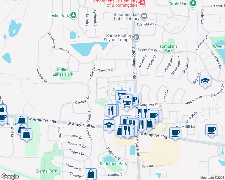 map of restaurants, bars, coffee shops, grocery stores, and more near 165 North Waters Edge Drive in Glendale Heights