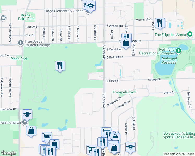 map of restaurants, bars, coffee shops, grocery stores, and more near 646 South York Road in Bensenville