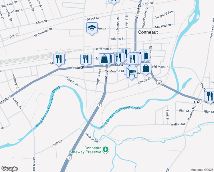 map of restaurants, bars, coffee shops, grocery stores, and more near 192 Mill Street in Conneaut