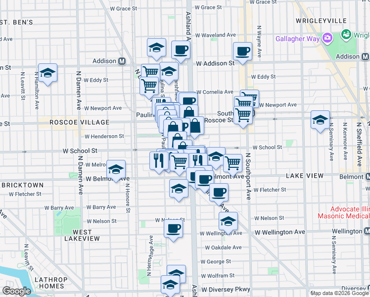 map of restaurants, bars, coffee shops, grocery stores, and more near 1601 West School Street in Chicago