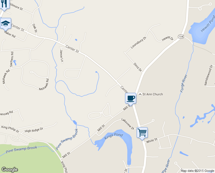 map of restaurants, bars, coffee shops, grocery stores, and more near 41 Rose Terrace in Raynham