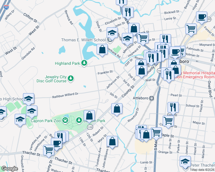map of restaurants, bars, coffee shops, grocery stores, and more near 55 Jefferson Street in Attleboro