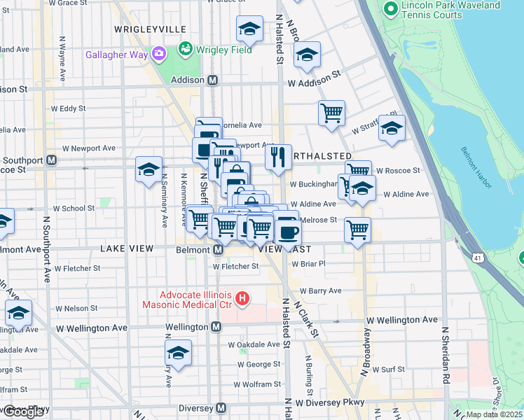 map of restaurants, bars, coffee shops, grocery stores, and more near 833 West Aldine Avenue in Chicago