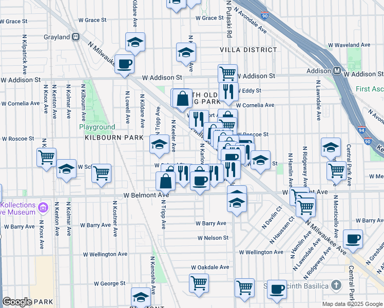 map of restaurants, bars, coffee shops, grocery stores, and more near 4121 West Henderson Street in Chicago