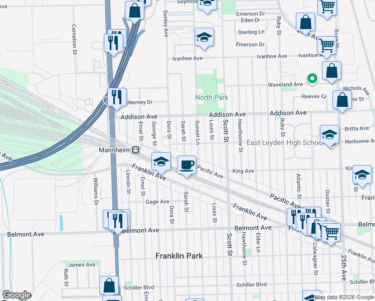map of restaurants, bars, coffee shops, grocery stores, and more near 3439 Sarah Street in Franklin Park