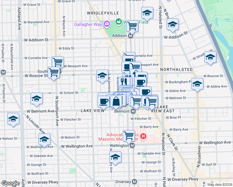 map of restaurants, bars, coffee shops, grocery stores, and more near 3252 North Kenmore Avenue in Chicago