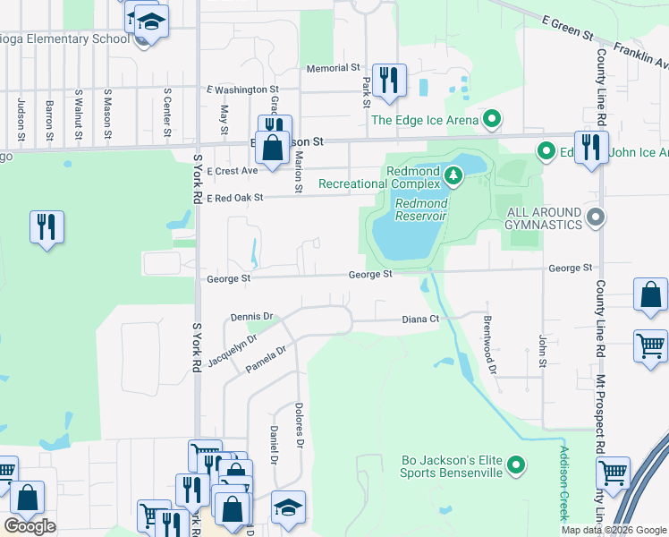 map of restaurants, bars, coffee shops, grocery stores, and more near 234 George Street in Bensenville