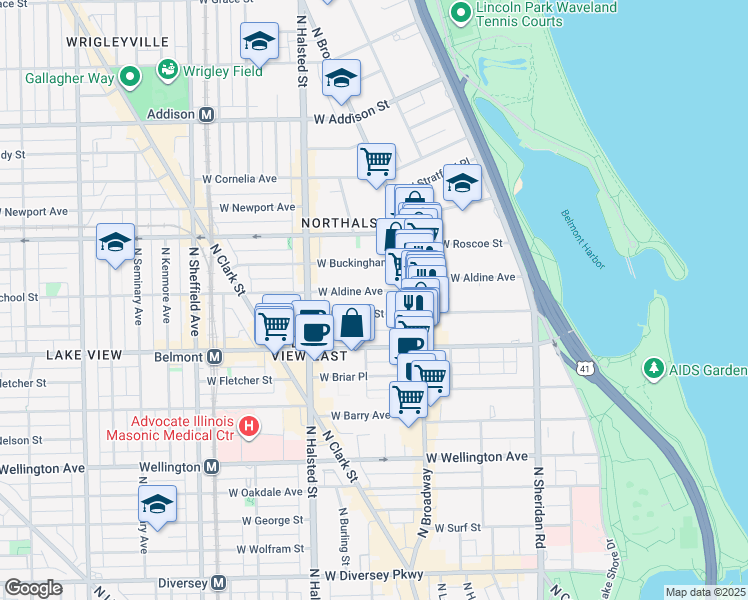 map of restaurants, bars, coffee shops, grocery stores, and more near 653 West Aldine Avenue in Chicago