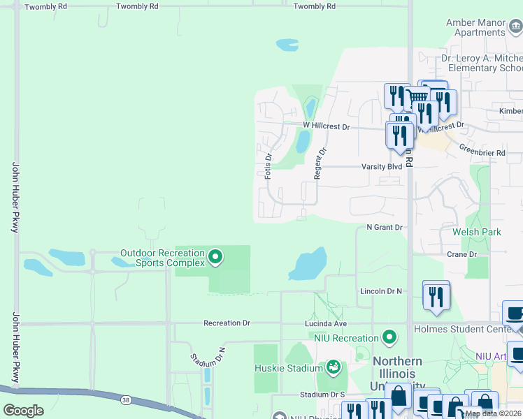 map of restaurants, bars, coffee shops, grocery stores, and more near 747 Fotis Drive in DeKalb