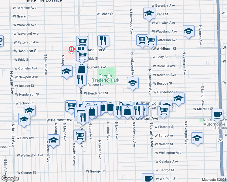 map of restaurants, bars, coffee shops, grocery stores, and more near 5404 West Henderson Street in Chicago