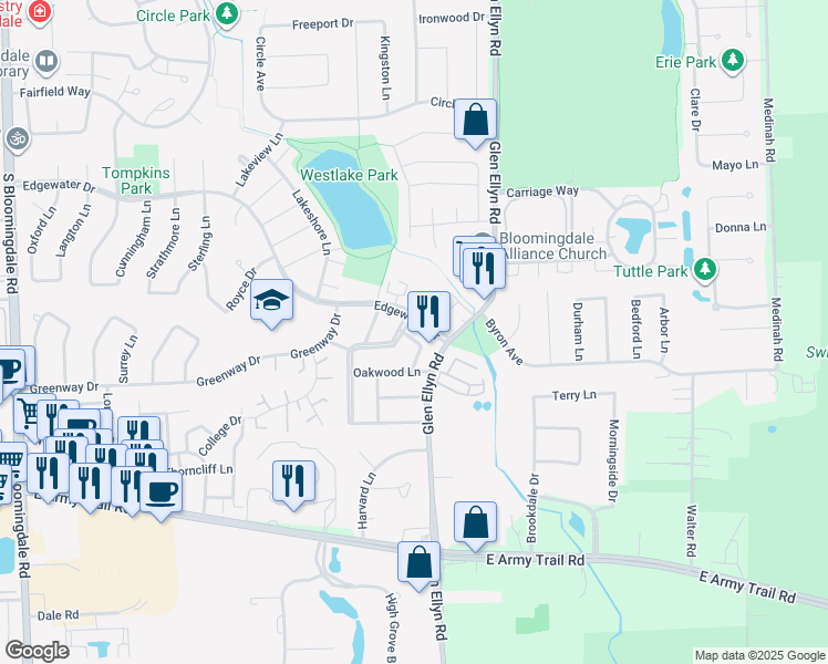 map of restaurants, bars, coffee shops, grocery stores, and more near 287 Birchwood Lane in Bloomingdale