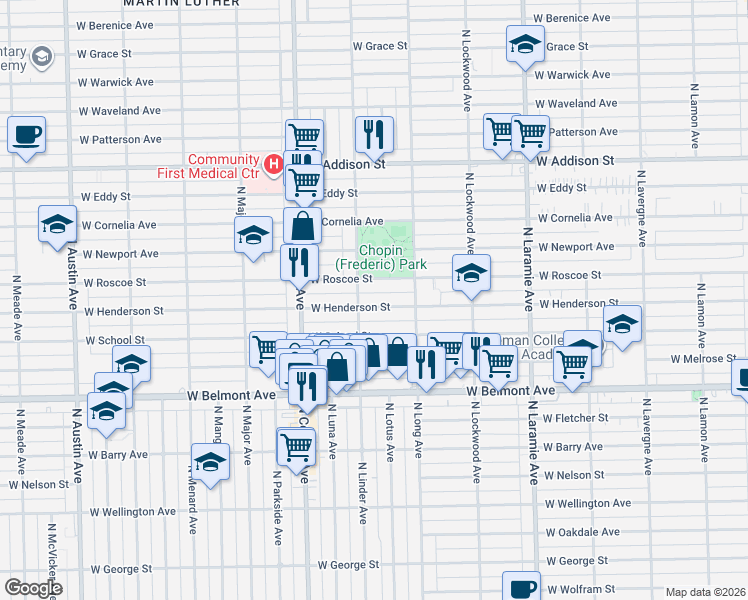 map of restaurants, bars, coffee shops, grocery stores, and more near 5444 West Henderson Street in Chicago
