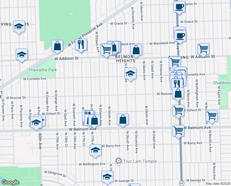 map of restaurants, bars, coffee shops, grocery stores, and more near 3404 North Oleander Avenue in Chicago