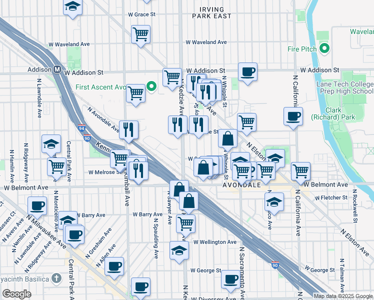 map of restaurants, bars, coffee shops, grocery stores, and more near 3313 North Kedzie Avenue in Chicago