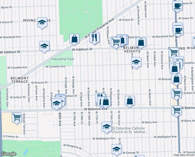 map of restaurants, bars, coffee shops, grocery stores, and more near 3400 North Ozark Avenue in Chicago