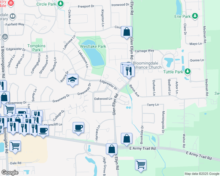 map of restaurants, bars, coffee shops, grocery stores, and more near 287 Birchwood Lane in Bloomingdale