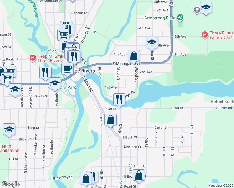 map of restaurants, bars, coffee shops, grocery stores, and more near 116 Middle Street in Three Rivers