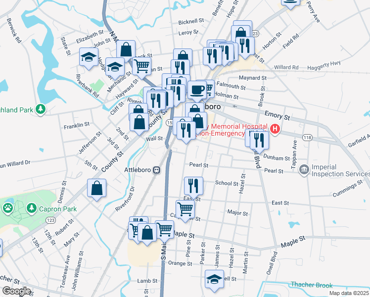 map of restaurants, bars, coffee shops, grocery stores, and more near 81 Union Street in Attleboro
