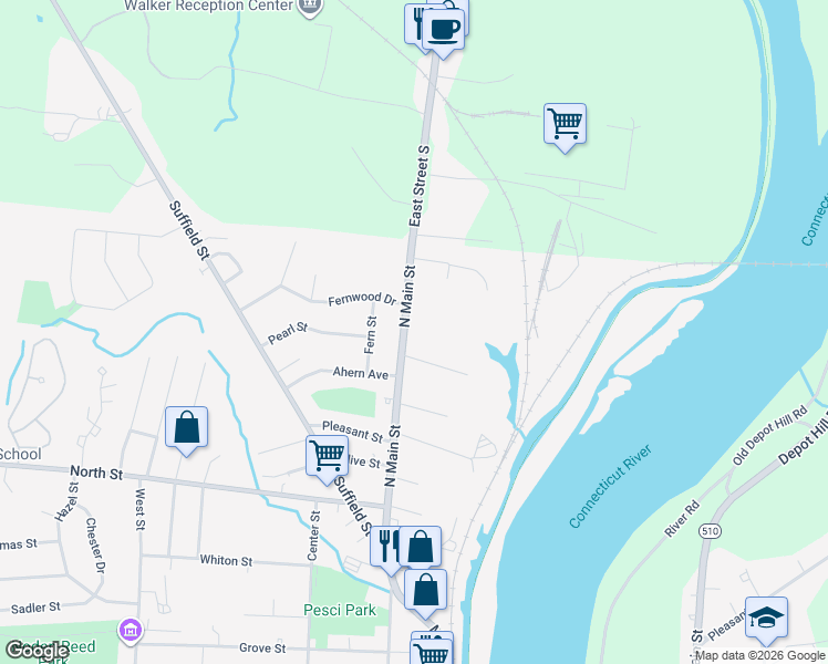 map of restaurants, bars, coffee shops, grocery stores, and more near 77 North Main Street in Windsor Locks