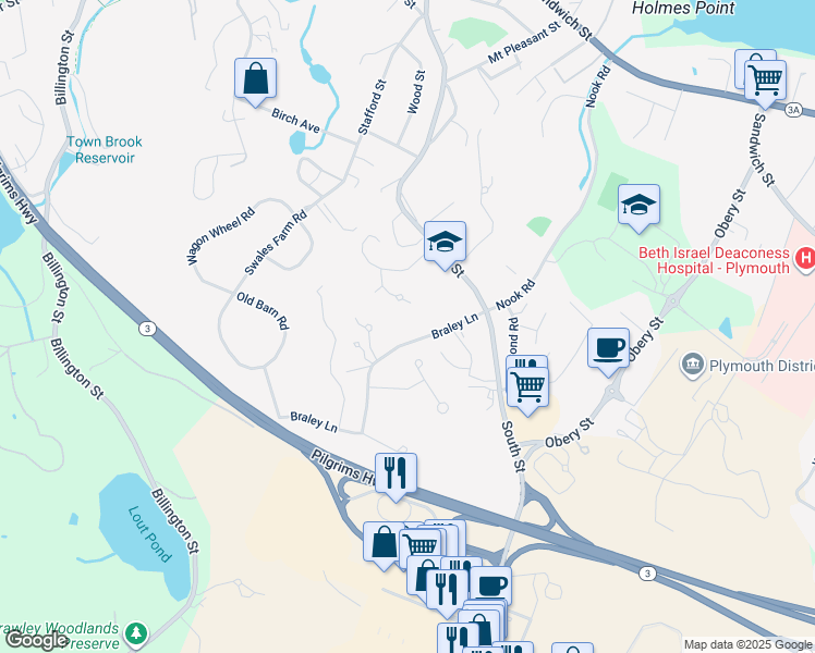 map of restaurants, bars, coffee shops, grocery stores, and more near 15 Braley Lane in Plymouth