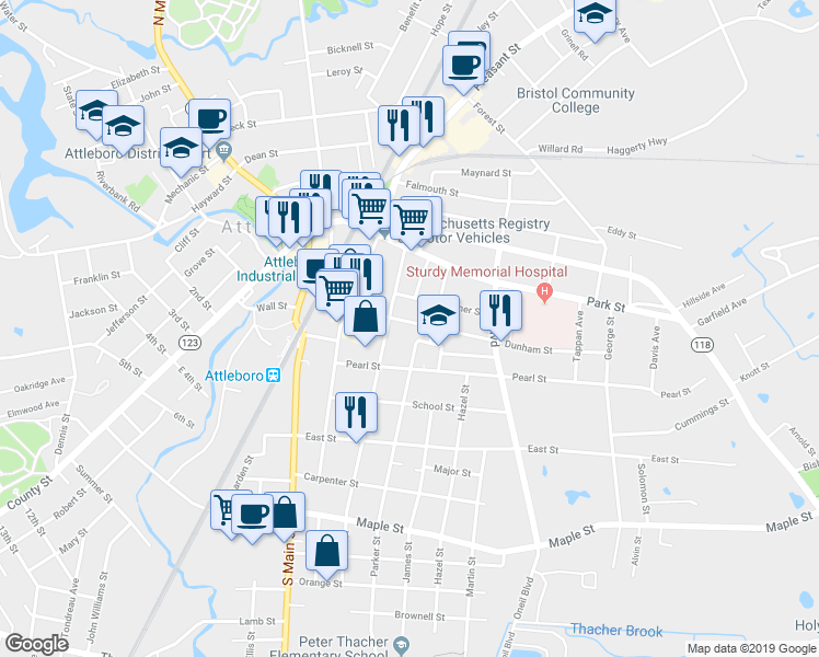 map of restaurants, bars, coffee shops, grocery stores, and more near 43 Dunham Street in Attleboro