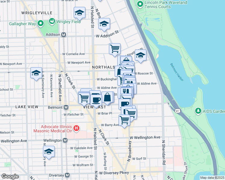 map of restaurants, bars, coffee shops, grocery stores, and more near 653 West Aldine Avenue in Chicago