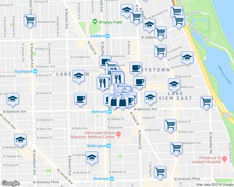 map of restaurants, bars, coffee shops, grocery stores, and more near in Chicago