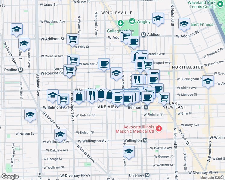map of restaurants, bars, coffee shops, grocery stores, and more near 3255 North Racine Avenue in Chicago