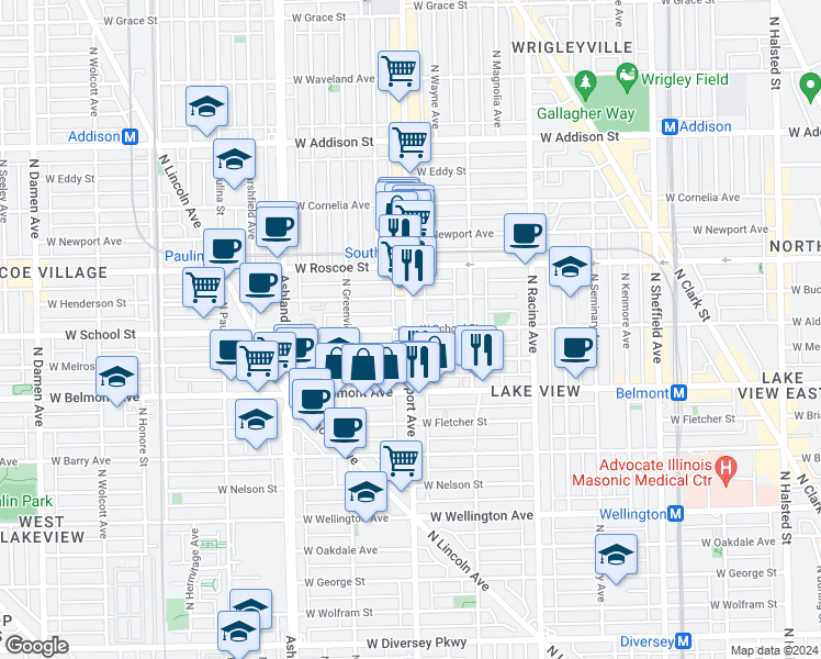 map of restaurants, bars, coffee shops, grocery stores, and more near 1415 West School Street in Chicago